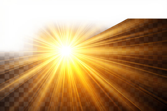 A bright golden sunburst with radiating rays of light, creating a warm and energetic glow, suggesting power, hope, and optimism against a dark, textured background isolated on transparent background