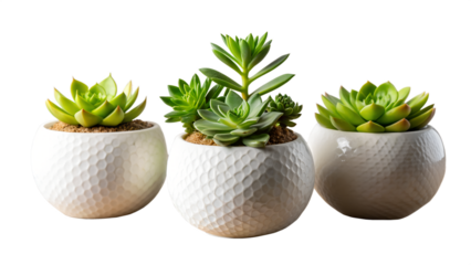 Three small potted succulents with green leaves, arranged in white textured pots, isolated on transparent background, representing natural beauty and easycare indoor plants