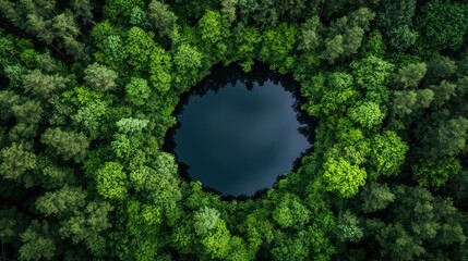 Aerial View of a Circular Lake Surrounded by Lush Green Trees