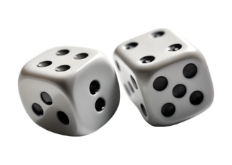 Two white dice isolated on transparent background showing different numbers, representing luck and chance in games and gambling