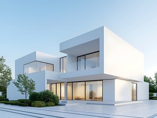 Minimalist modern architecture with symmetrical facade and natural light