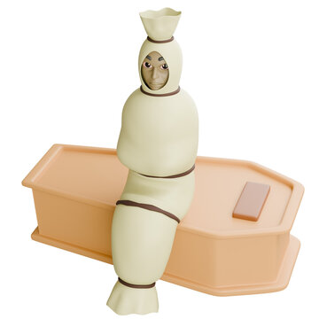Indonesian pocong ghost spirit leaning against coffin in 3D illustration, creepy burial shroud figure, isolated on white background for horror themes.