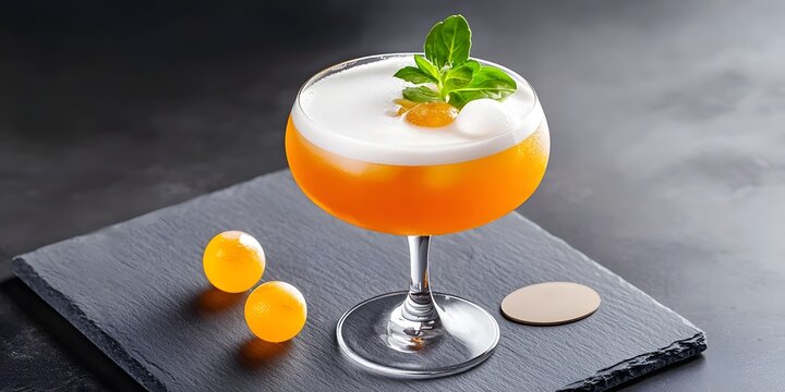 Molecular mixology cocktail with spheres and foam in a deconstructed presentation