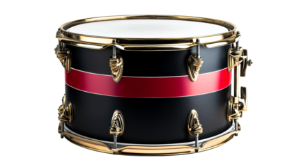 Modern snare drum with black shell, red stripe, and gold hardware on white background, cut out transparent