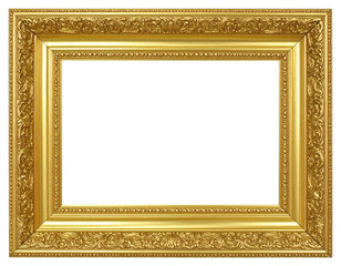 Fototapeta premium Ornate rectangular gold picture frame with intricate baroquestyle carvings and beaded details.