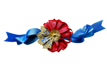 Decorative red and blue ribbon rosette with gold accent on white, cut out transparent