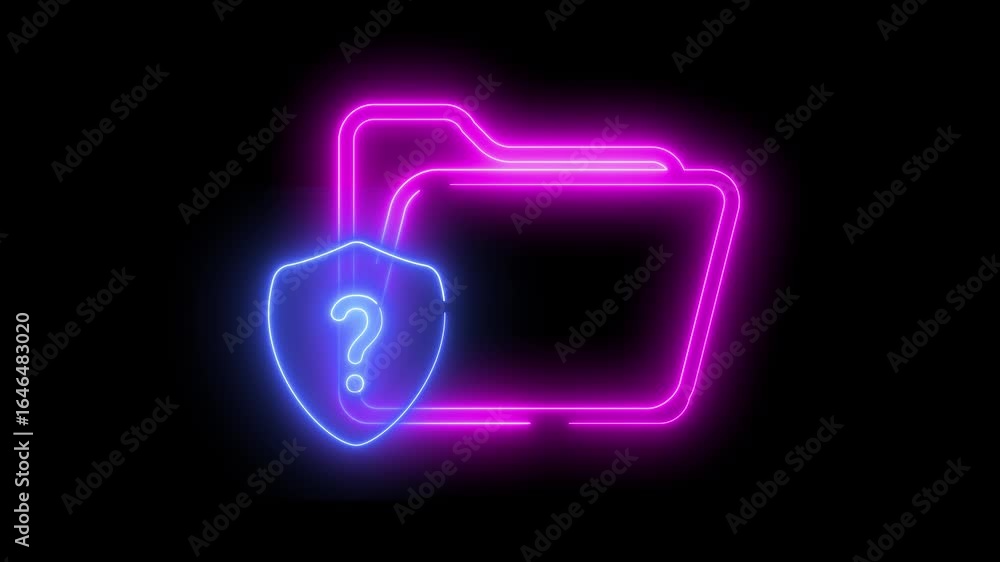 Aufkleber neon light effect animation of a folder icon with a shield and question mark, on a black background