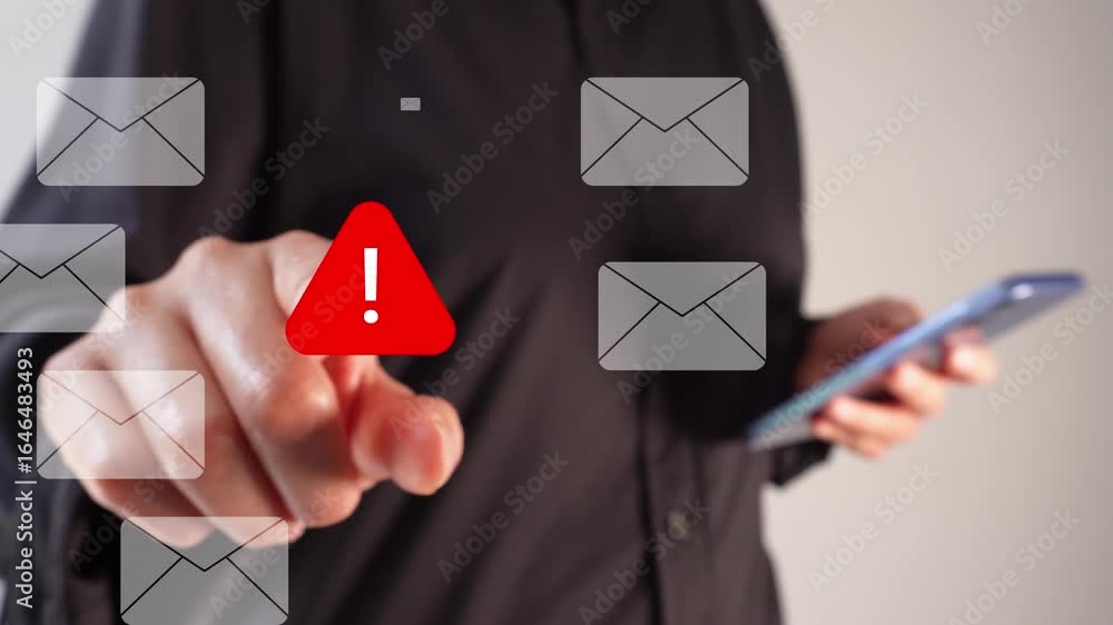 Poster email warning. business person holding a smartphone and pointing at an animation of a warning sign a