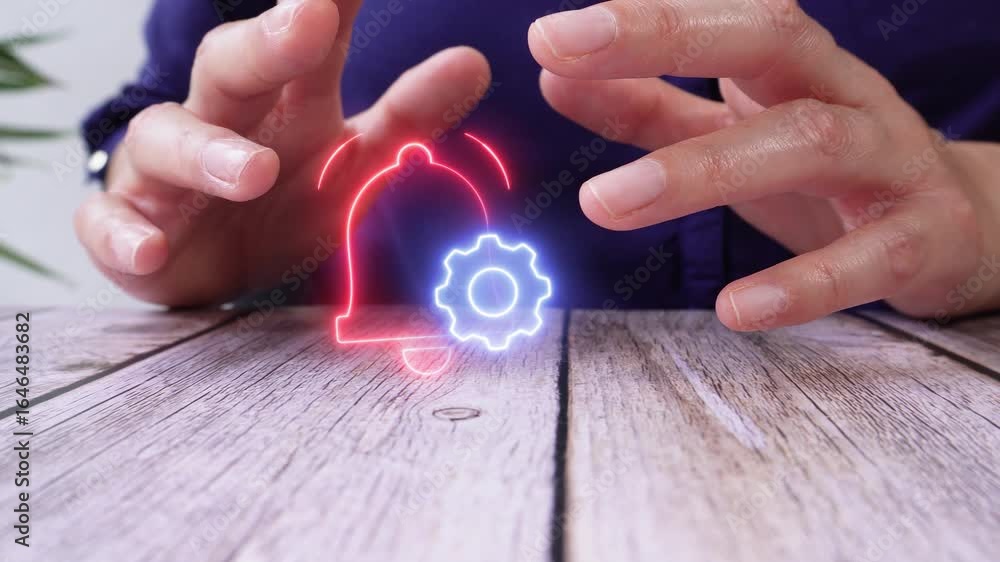 Poster smart notification management. a person's hands at a table protecting a floating notification bell i
