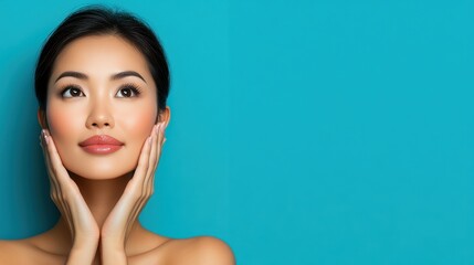 Radiant Beauty: Asian Woman with Flawless Skin Against a Vibrant Teal Background