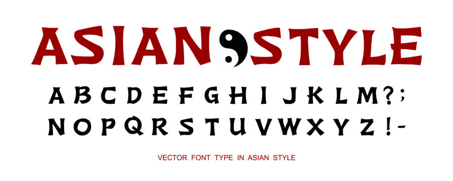 Font type in Asian style. Vector alphabet stylized as brush drawn hieroglyphs