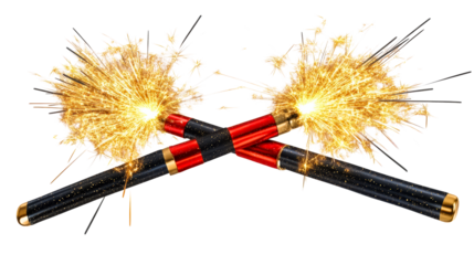 Two Sparklers Crossed With Bright Golden Sparks Against White Background, cut out transparent