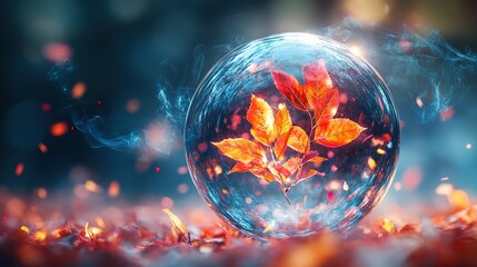 A glass sphere contains orange leaves surrounded by a misty blue background.