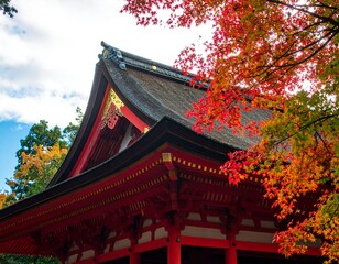 Autumnal temple roof with vibrant foliage