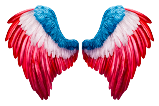 Pair of Abstract Feathered Wings in Red, White, and Blue Color Scheme, cut out transparent