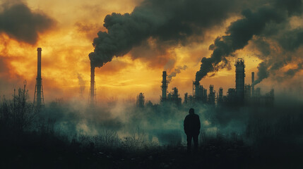 A lone figure observes an industrial landscape shrouded in smoke and an orange sunset