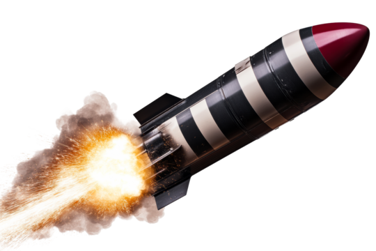 Rocket blasting off with fiery exhaust and smoke against white background, cut out transparent