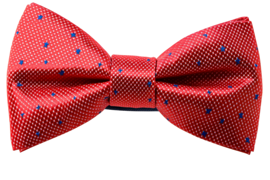 Red textured bow tie with small blue stars pattern, cut out transparent