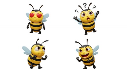 Four cartoon bees with different expressions
