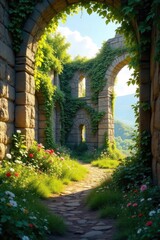 Fototapeta premium Golden Sunlight Bathes Ancient Ruins Crumbling Stone Walls, Overgrown Vines, and Wildflowers in a Serene, Mysterious Landscape Evoking History and Times Passage.