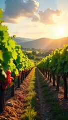 A picturesque vineyard bathed in golden sunlight, rolling hills in the background, vines laden with ripe grapes ready for harvest Perfect for winery holiday marketing , holiday, green, sun