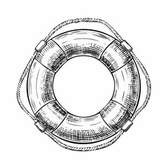 Life buoy vintage engraving sketch illustration with detailed retro line art of the classic maritime safety ring, perfect for nautical themes, rescue equipment designs, vintage maritime prints,