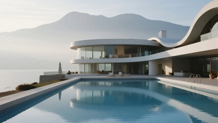 Fototapeta premium Modern Curved House with Pool Overlooking the Sea and Mountains