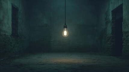 A single, glowing light bulb hangs in the center of a dark, empty, and mysterious room with rough, textured walls.
