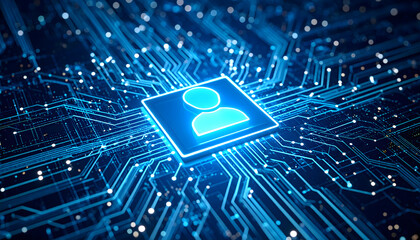 Futuristic Digital User Interface Symbol on Circuit Board Background Representing Connectivity and Technology