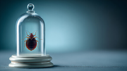 A single bed bug is meticulously trapped inside a small, clear glass bell jar, symbolizing pest control. 