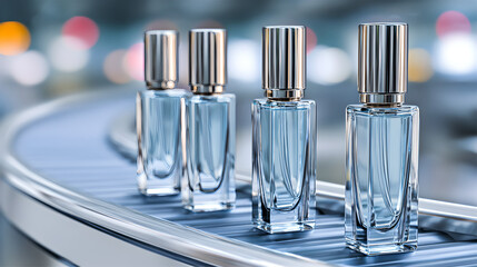A neat row of elegant, rectangular perfume bottles with silver caps moves along a sleek, futuristic conveyor belt.