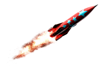 Red Rocket with Blue Stars Accelerating Through White Space with Fiery Exhaust, cut out transparent