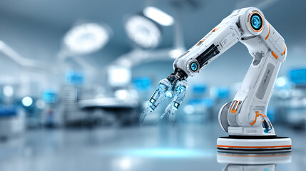 A modern robotic arm, with a glowing blue hand, is ready for a precise, clean medical procedure. 