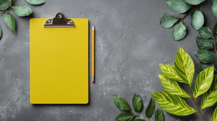 Yellow clipboard with pencil on a gray textured surface surrounded by greenery