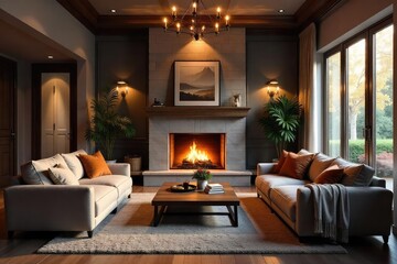 Cozy living room interior featuring a fireplace, comfortable seating, and warm lighting, creating a welcoming and inviting atmosphere perfect for relaxation , armchair, coffee table, logs