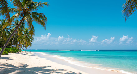 Discover an idyllic tropical paradise pristine white sands, turquoise ocean, and swaying palm trees under a brilliant blue sky, perfect for a serene beach getaway.