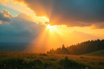 Golden sunlight streams through gaps in fluffy clouds, illuminating a landscape with a warm, inviting glow Perfect for nature, weather, and environmental themes , glow, scenery, light