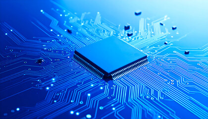 Abstract Microchip on Circuit Board with Illuminated Patterns and Blue Background Representing Modern Technology and Innovation
