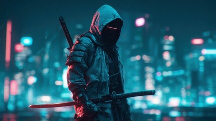 Naklejka premium Cyberpunk Samurai: Night City Warrior