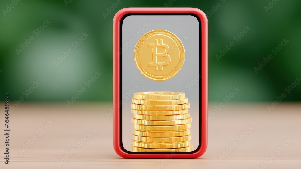 Poster e wallet integration concept. digital bitcoin wallet with stacked coins, symbolizing cryptocurrency 
