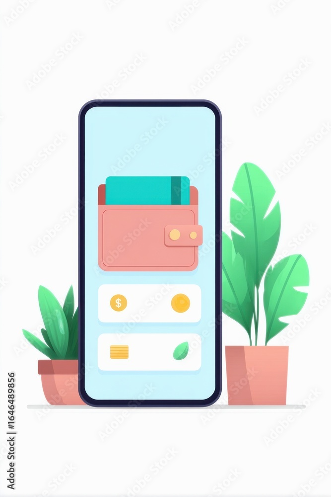 Poster e wallet integration concept. digital wallet interface with plants in pots, showcasing modern financ