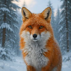 Obraz premium A stunning red fox portrait in a snowy winter forest, its vibrant fur dusted with glistening frost.