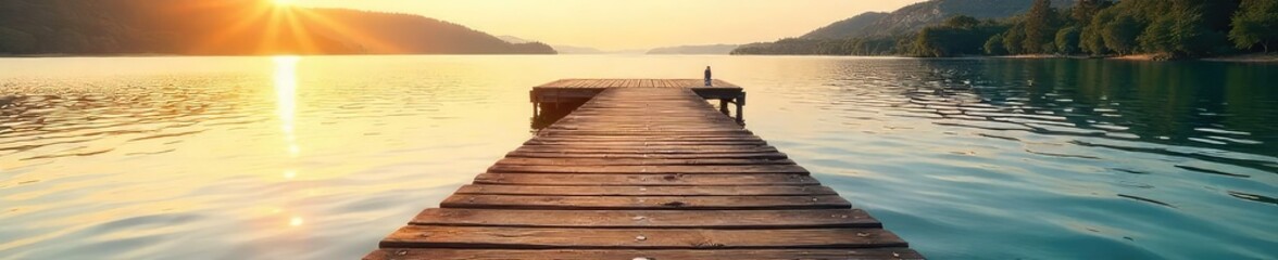 Fototapeta premium Rustic wooden shoreline dock extending over calm, clear water, bathed in golden sunlight Ideal for tranquility, nature, and coastal themes , waterfront, clouds