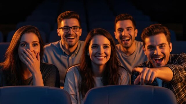 Enthusiastic audience reacts at the cinema, group of friends watching movie and expressing