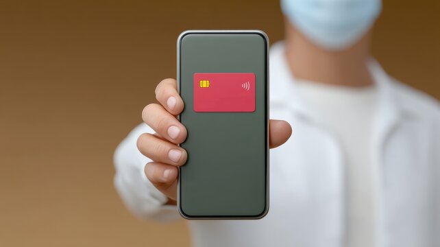 e wallet integration concept. Person holding a smartphone with a card, showcasing digital payment technology.