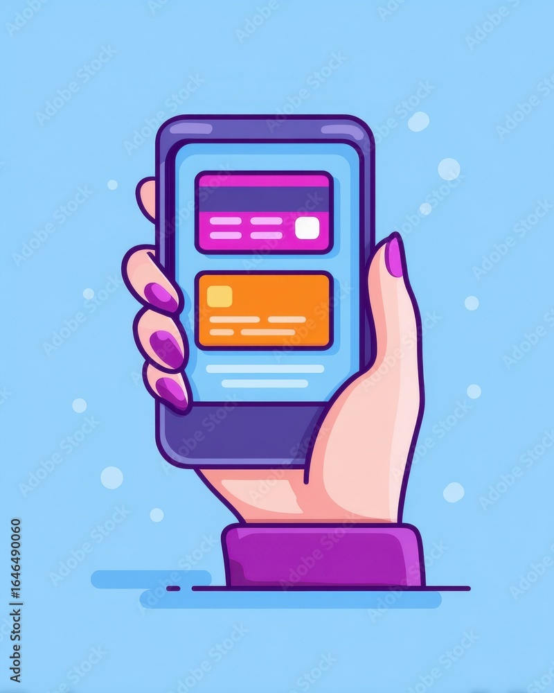 Poster e wallet integration concept. a colorful illustration of a hand holding a smartphone displaying app 