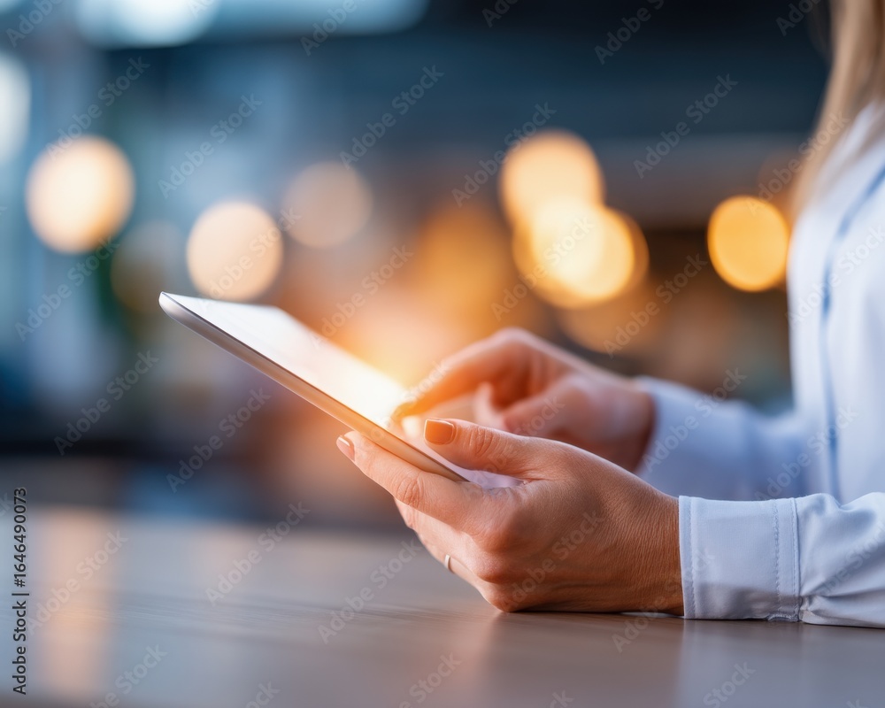 Poster e wallet integration concept. a person using a tablet, illuminated by soft bokeh lights in the backg