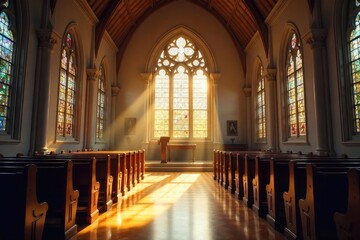 Obraz premium Sunlight Streams Through Stained Glass, Illuminating a Serene Church Interior; Perfect for Themes of Faith, Peace, and Contemplation