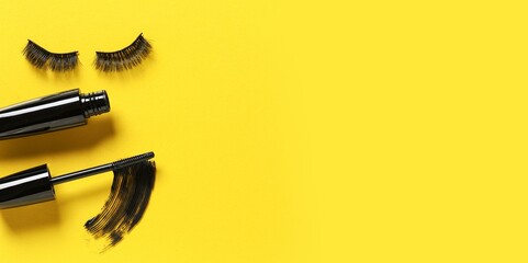 Black mascara and fake eyelashes on yellow background with space for text