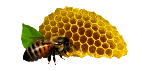 Close up of bee on honeycomb with green leaf against white background, cut out transparent